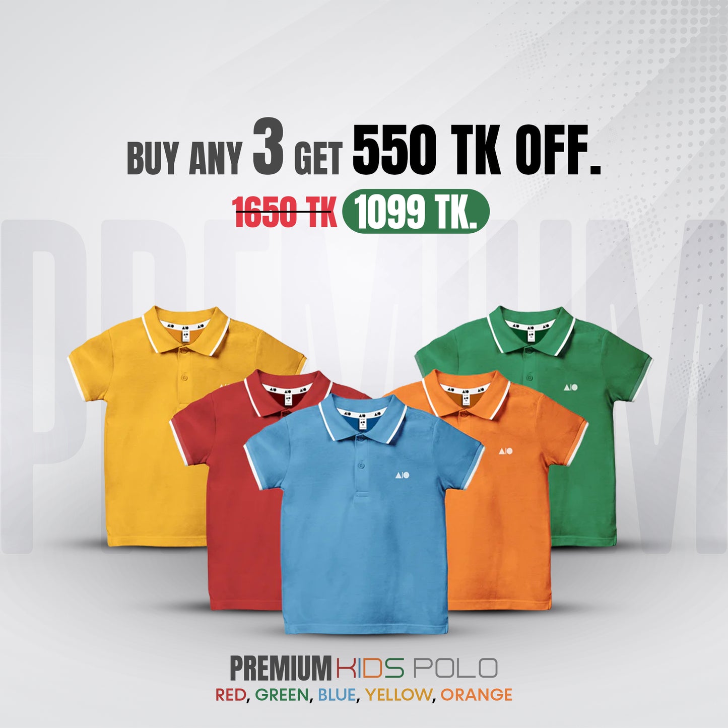 Kid's Polo Shirt - Any 3 From (Red, Green, Blue, Orange & Yellow)