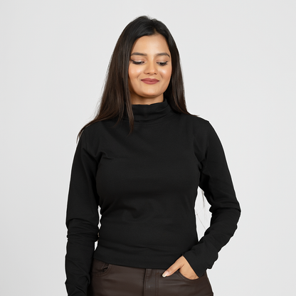 Womens Turtleneck Full Sleeve T-Shirt (Black)