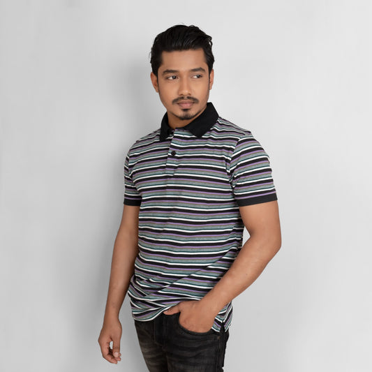 Mens Pique Cotton Polo Shirt (Black Stripe)