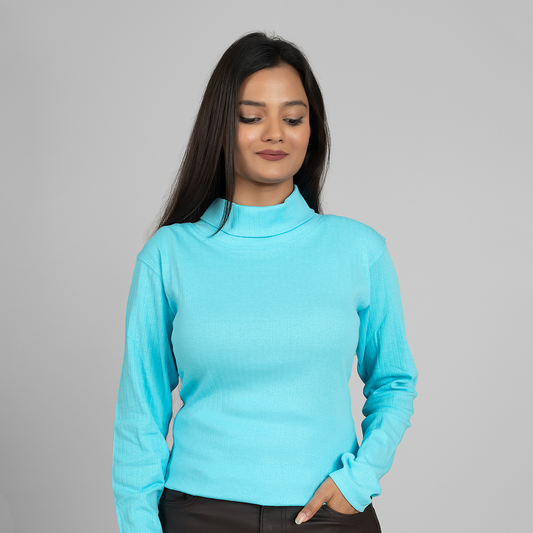 Womens Turtleneck Full Sleeve T-Shirt (Light Blue)