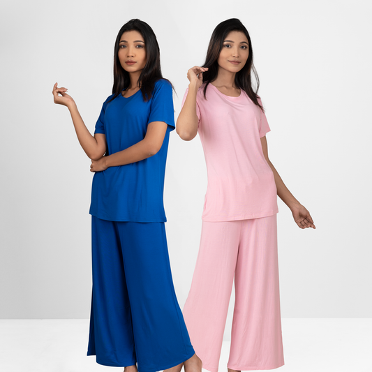 Women's Silky Cotton Sleepwear Set Combo (Light Pink & Light Blue)