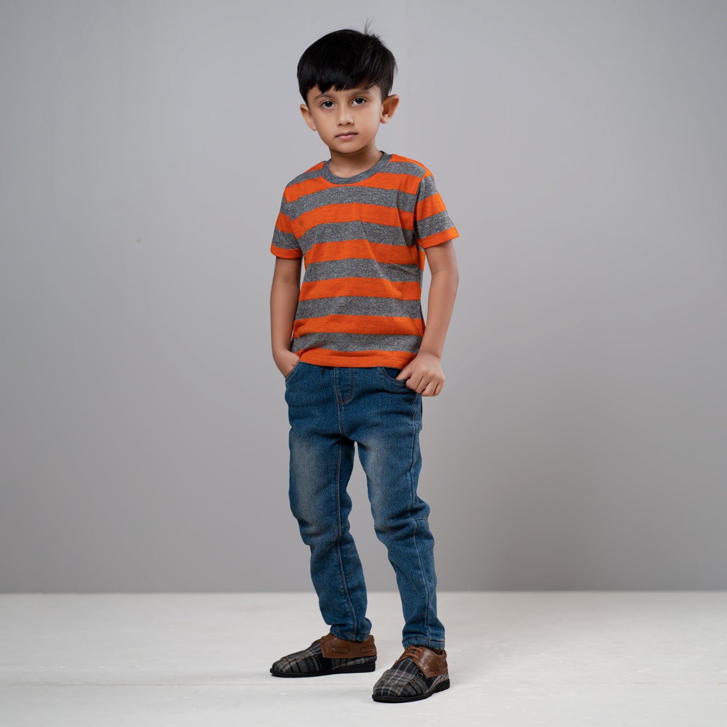 Kids Stripe T-Shirt (Orange & Grey)