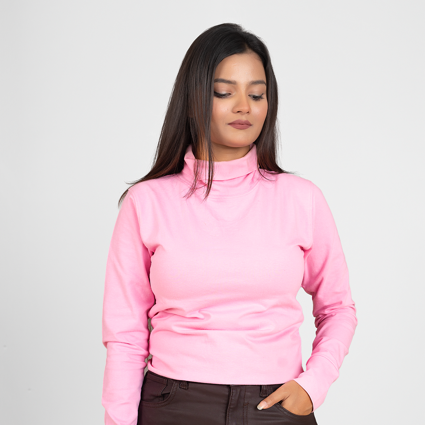 Womens Turtleneck Full Sleeve T-Shirt (Light Pink)