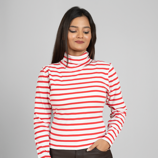 Womens Turtleneck Full Sleeve T-Shirt (White & Red)