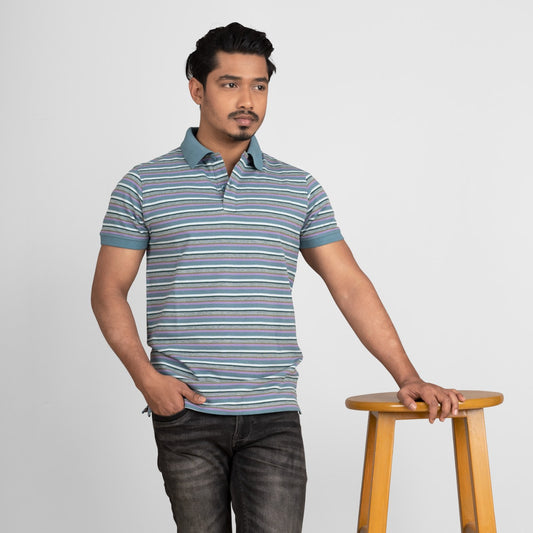 Mens Pique Cotton Polo Shirt (Teal Stripe)